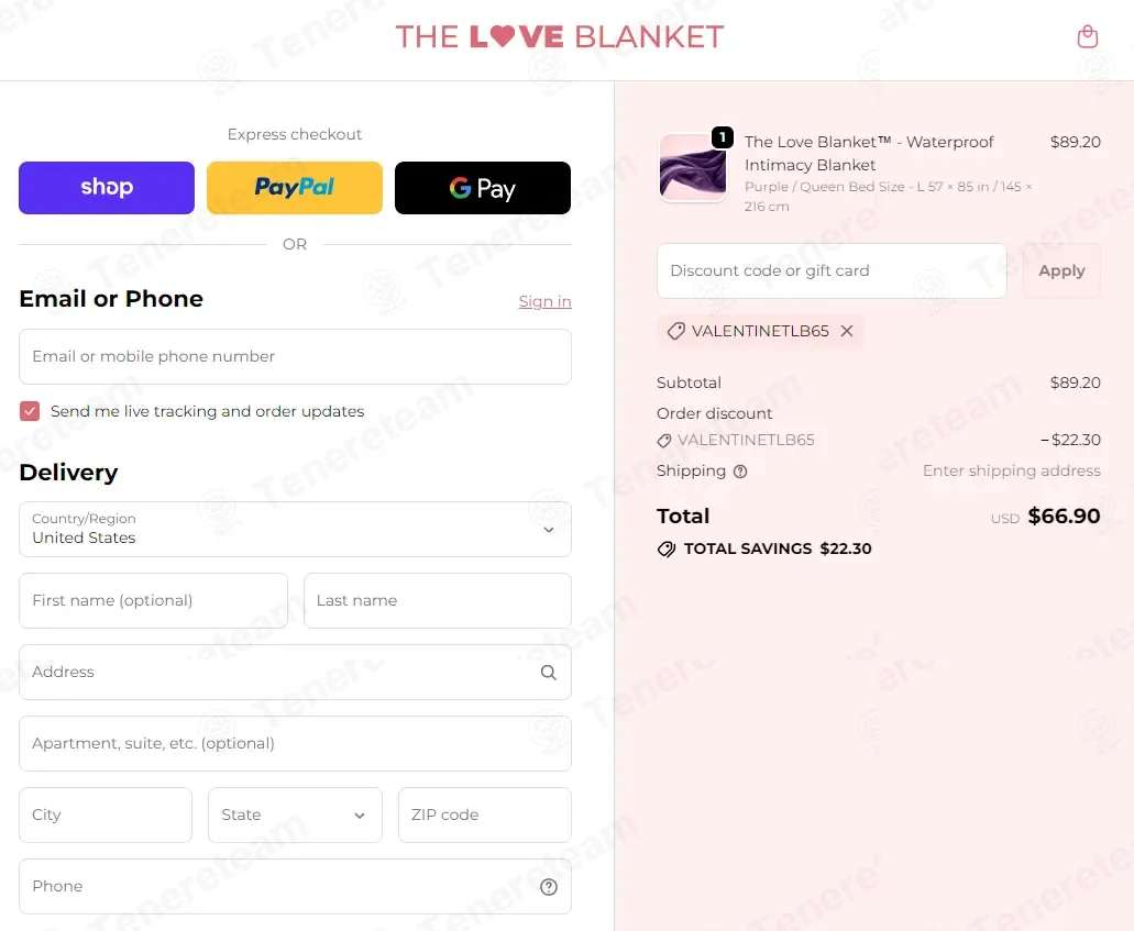 The Love Blanket coupon code: 25% off with VALENTINETLB65. Tested and valid as 3 weeks ago.
