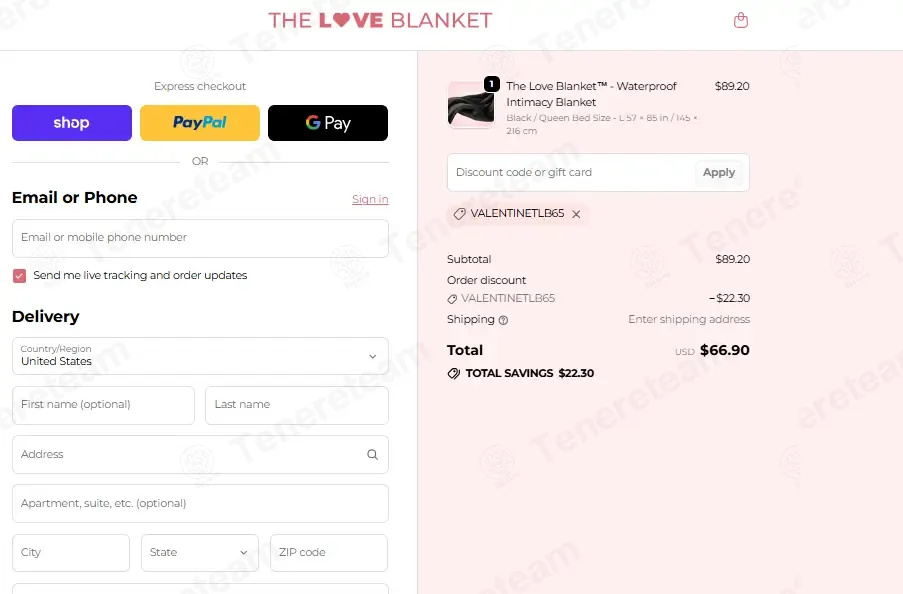 The Love Blanket coupon code: 25% off with VALENTINETLB65. Tested and valid as 3 weeks ago.