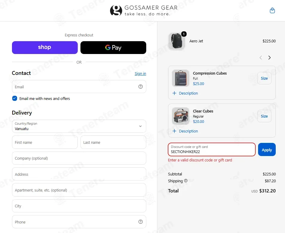 Gossamer Gear coupon code: 15% off with SECTIONHIKER22. Tested and valid as 1 day ago.