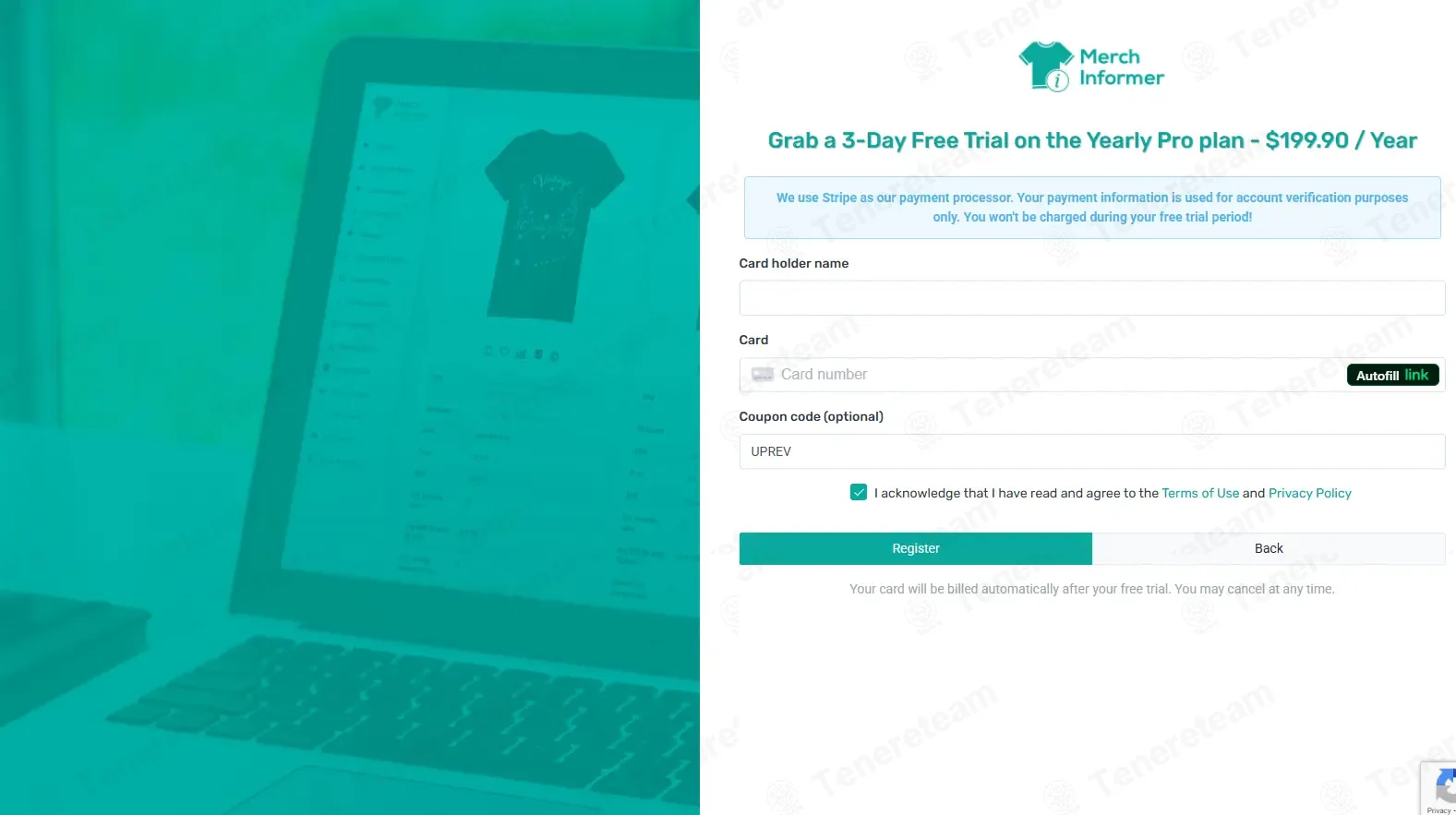 Merch Informer coupon code: 20% off with UPREV. Tested and valid as 3 months ago.