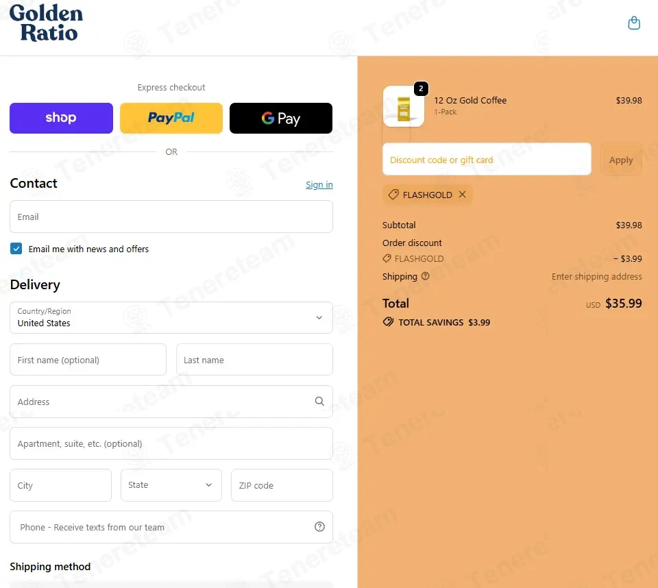 Golden Ratio Coffee coupon code: 10% off with FLASHGOLD. Tested and valid as 7 months ago.