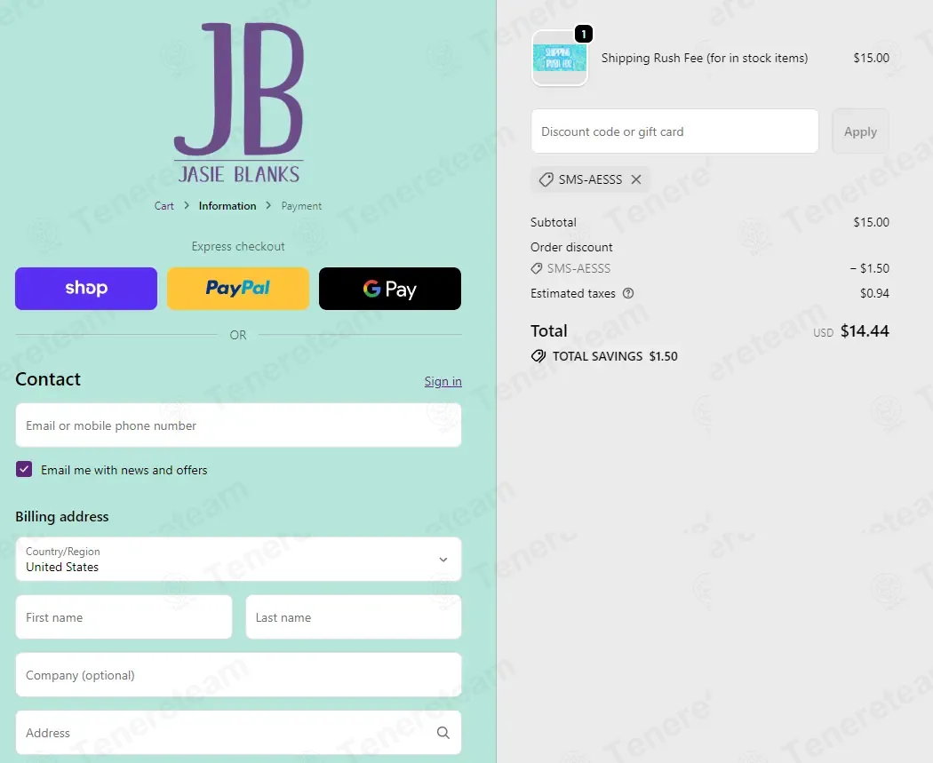 Jasie Blanks coupon code: 10% off with SMS-AESSS. Tested and valid as 4 months ago.