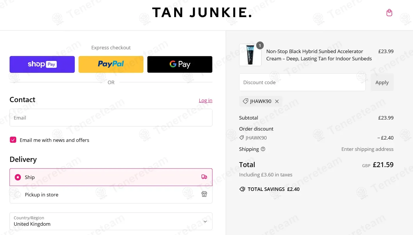 Tan Junkie coupon code: 10% off with JHAWK90. Tested and valid as 1 year ago.