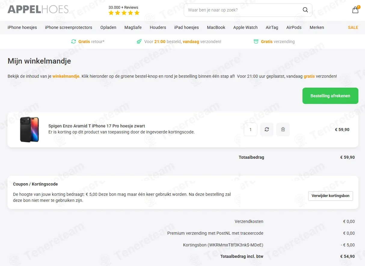 Appelhoes NL coupon code: €5 off with WKRMmxT8f3K3nk$-MDeE. Tested and valid as 8 months ago.