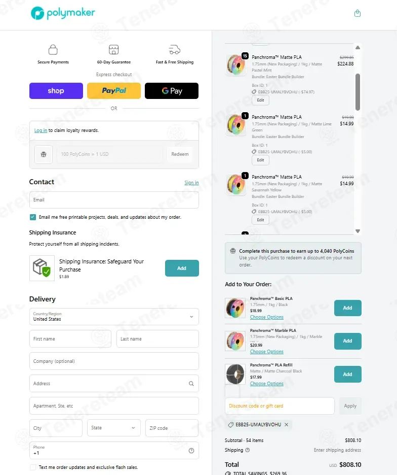 Polymaker coupon code: 25% off with EBB25-UMALYBVOHU. Tested and valid as 4 months ago.