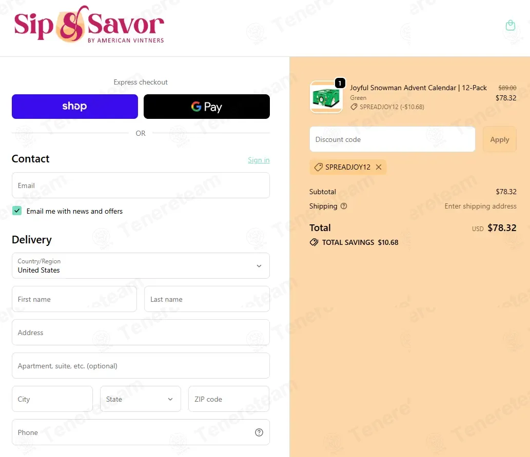 Sip and Savor coupon code: 12% off with SPREADJOY12. Tested and valid as 8 months ago.