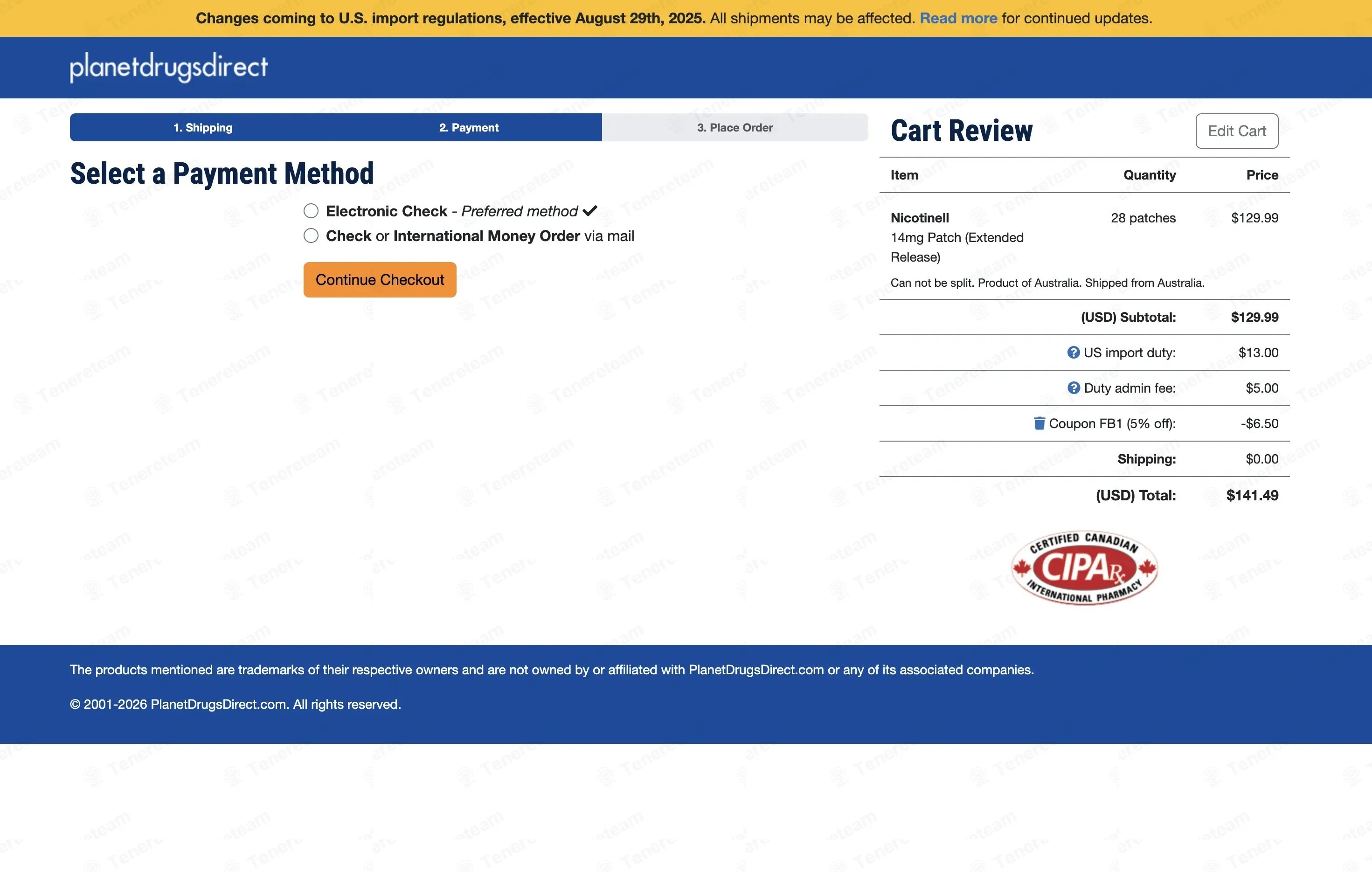 Planetdrugsdirect coupon code: 5% off with FB1. Tested and valid as 3 months ago.