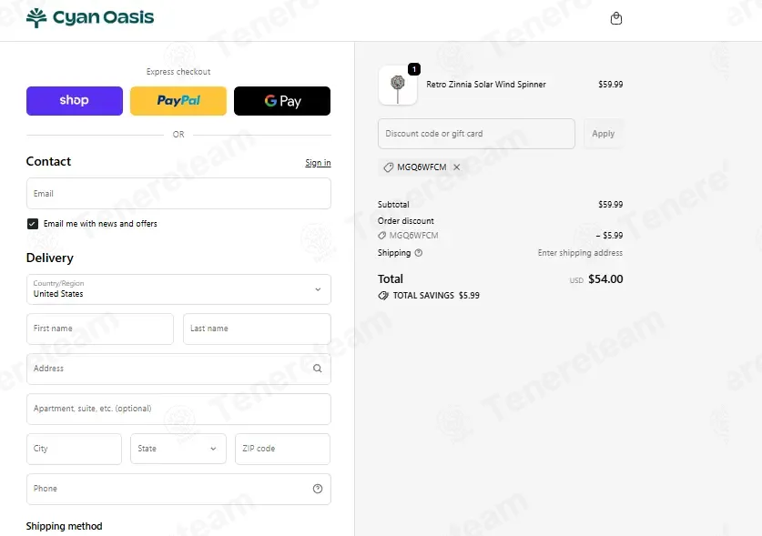 Cyan Oasis coupon code: 10% off with MGQ6WFCM. Tested and valid as 3 weeks ago.