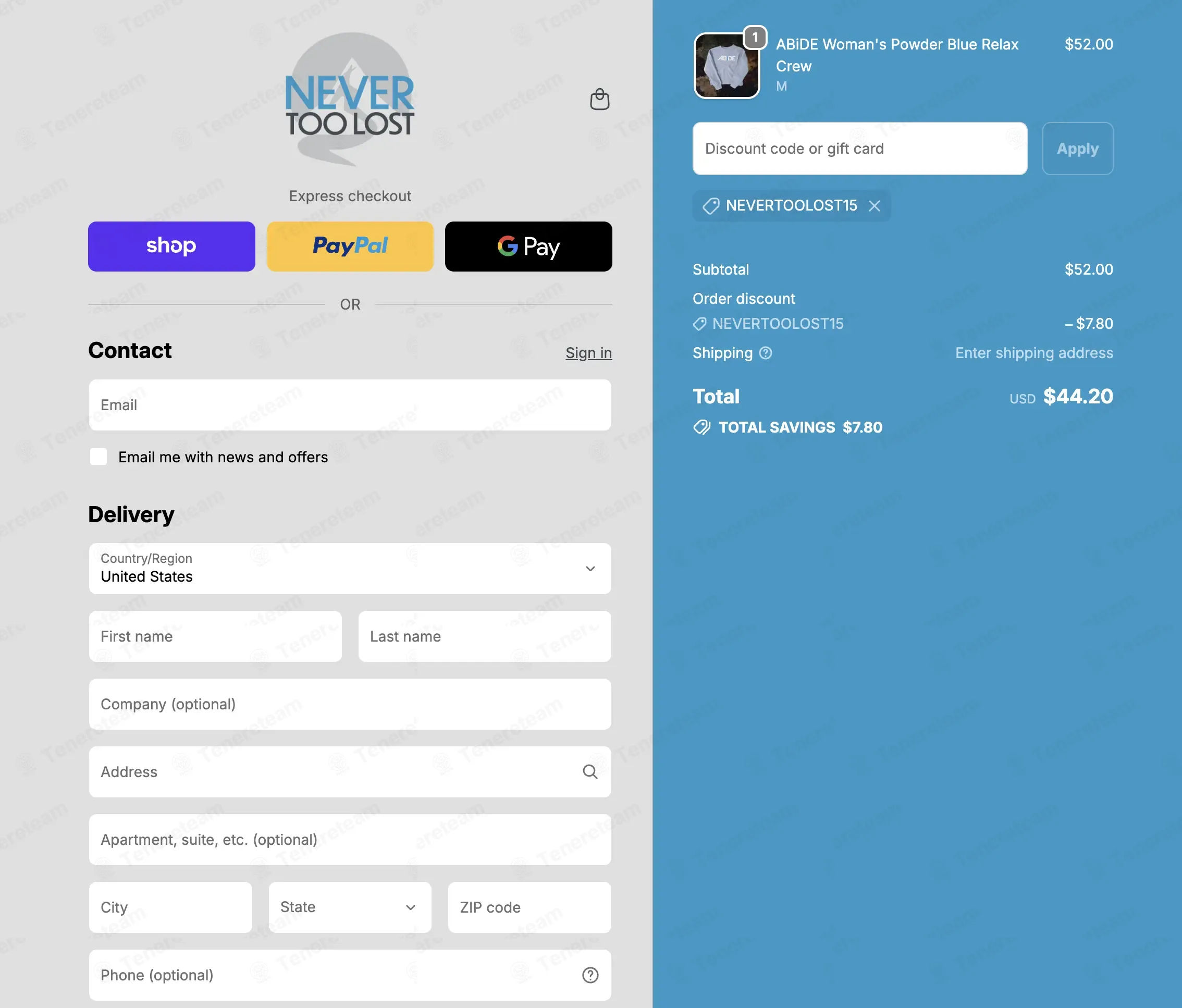 Never Too Lost coupon code: 15% off with NEVERTOOLOST15. Tested and valid as 2 months ago.