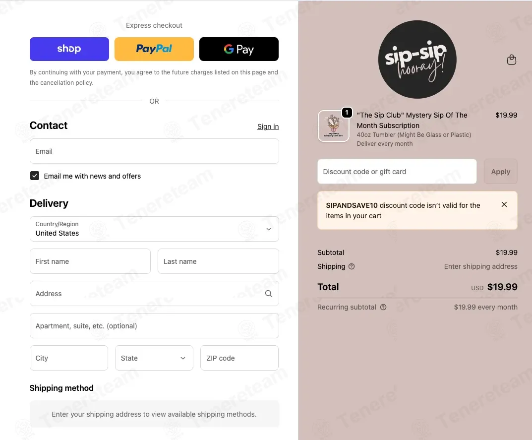 Sip Sip Hooray coupon code: 10% off with SIPANDSAVE10. Tested and valid as 2 weeks ago.