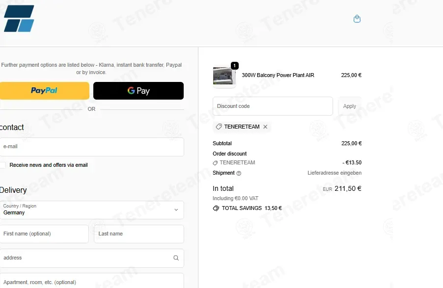 BalkonSolar Deutschland coupon code: 6% off with TENERETEAM. Tested and valid as 1 month ago.