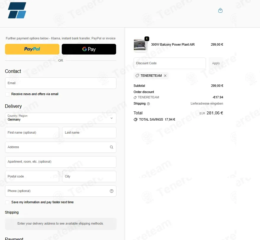 BalkonSolar Deutschland coupon code: 6% off with TENERETEAM. Tested and valid as 1 month ago.