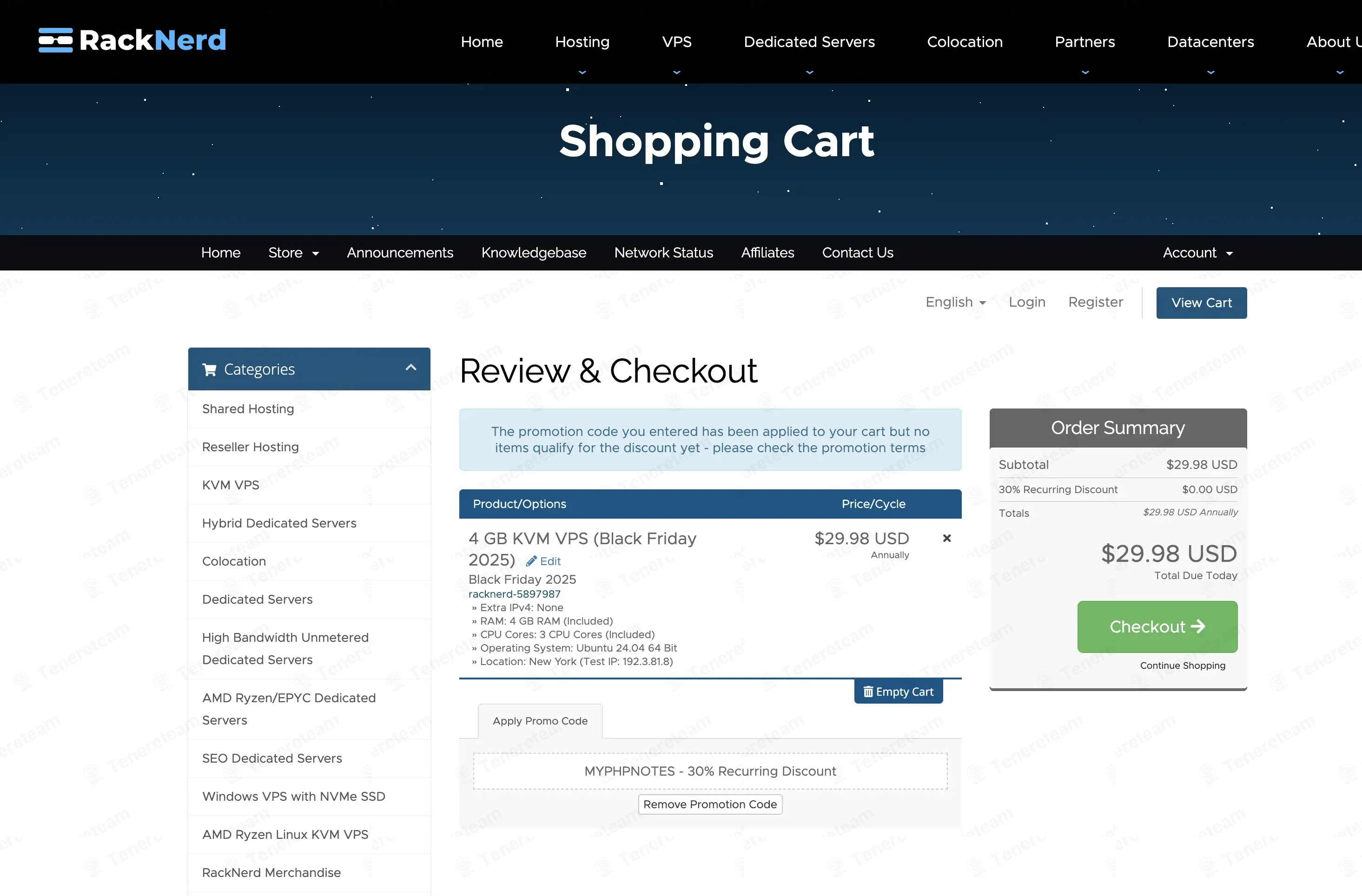 RackNerd coupon code: 30% off with MYPHPNOTES. Tested and valid as 1 month ago.