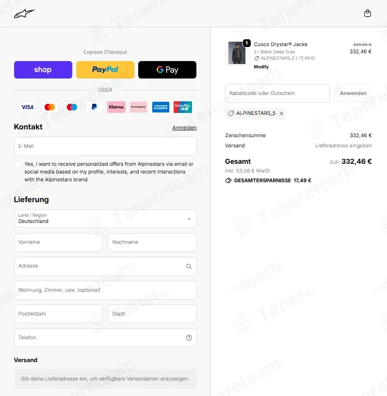 Alpinestars DE coupon code: 5% off with ALPINESTARS_5. Tested and valid as 1 month ago.