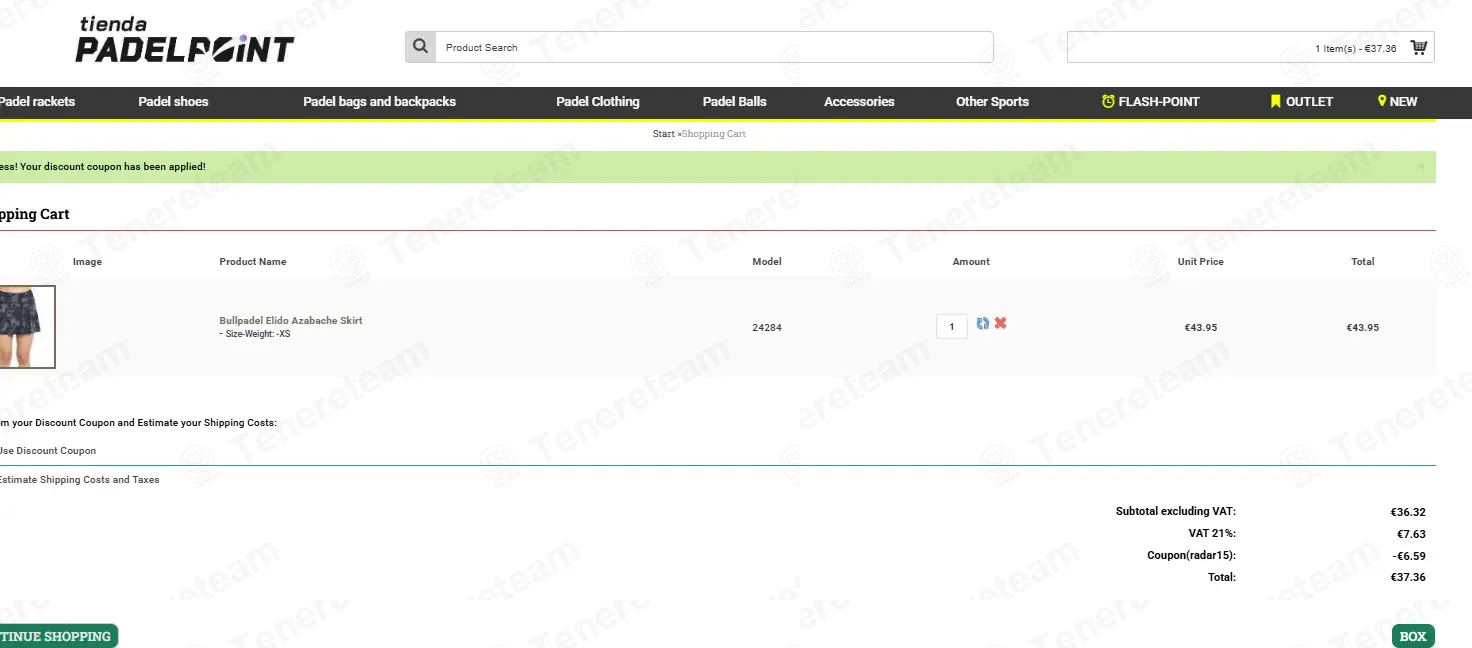Tienda Padel Point coupon code: 15% off with radar15. Tested and valid as 1 week ago.