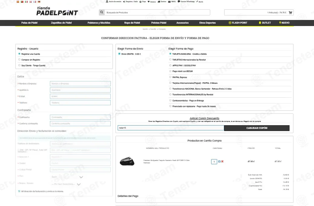 Tienda Padel Point coupon code: 15% off with radar15. Tested and valid as 1 week ago.
