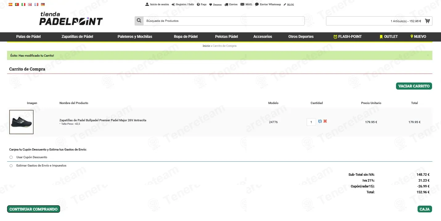 Tienda Padel Point coupon code: 15% off with radar15. Tested and valid as 1 week ago.