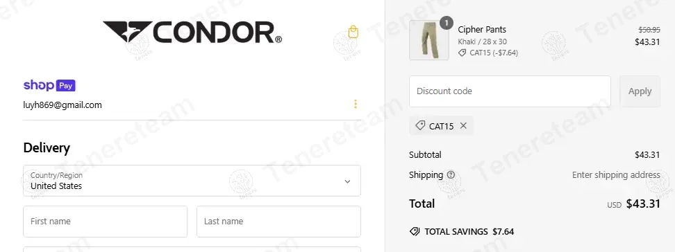 Condor Outdoor coupon code: 15% off with CAT15. Tested and valid as 2 weeks ago.