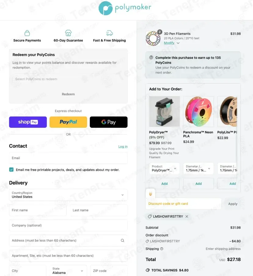 Polymaker coupon code: 15% off with LMSHOWFIRSTTRY. Tested and valid as 2 weeks ago.