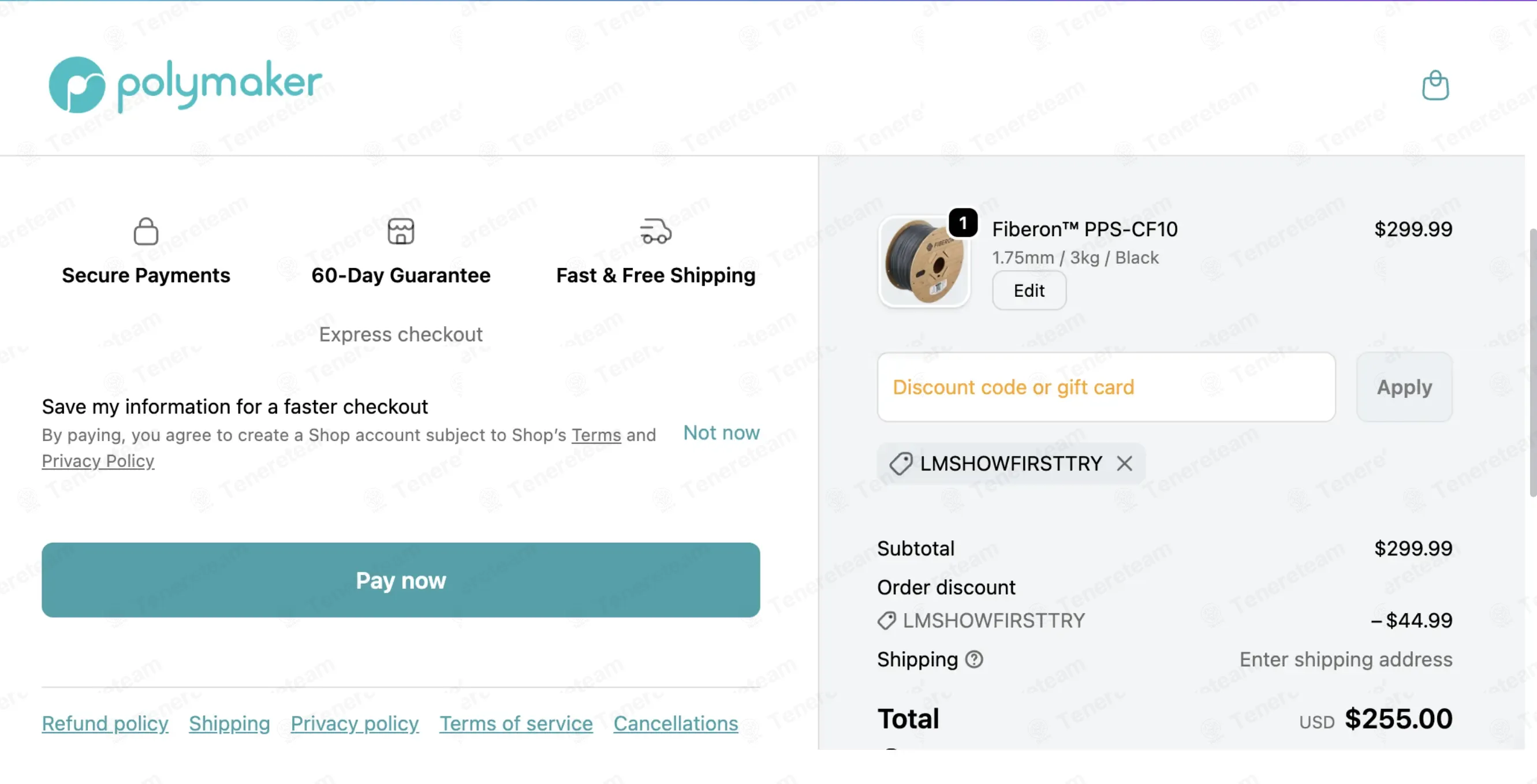 Polymaker coupon code: 15% off with LMSHOWFIRSTTRY. Tested and valid as 2 weeks ago.
