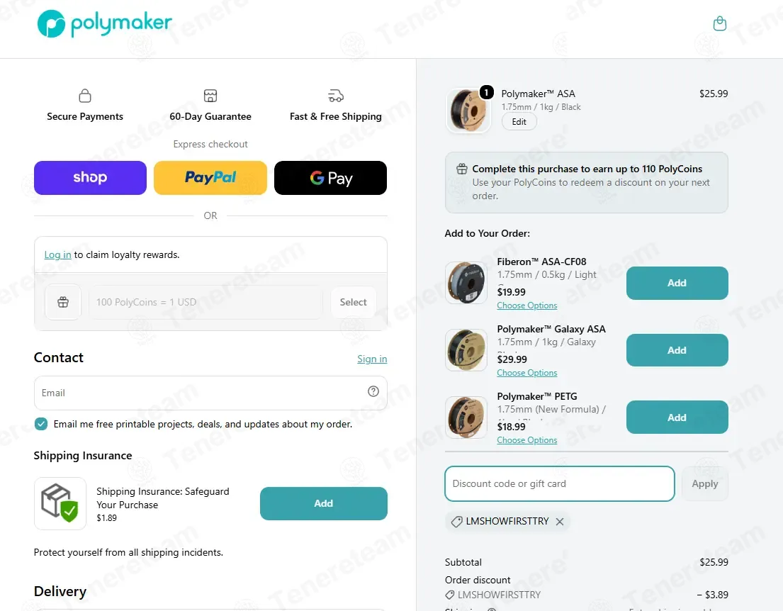 Polymaker coupon code: 15% off with LMSHOWFIRSTTRY. Tested and valid as 2 weeks ago.