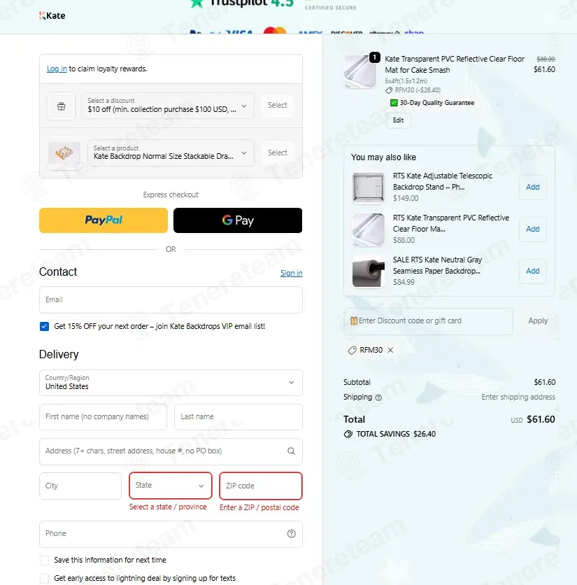 Kate Backdrop coupon code: 30% off with RFM30. Tested and valid as 3 days ago.