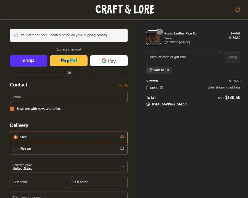 Craft and Lore coupon code: 10% off with SAVE10. Tested and valid as 7 months ago.