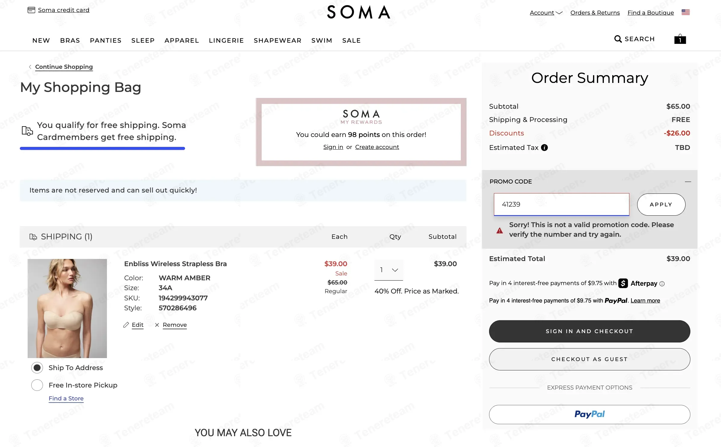 Soma coupon code: $25 off with 41239. Tested and valid as 2 months ago.