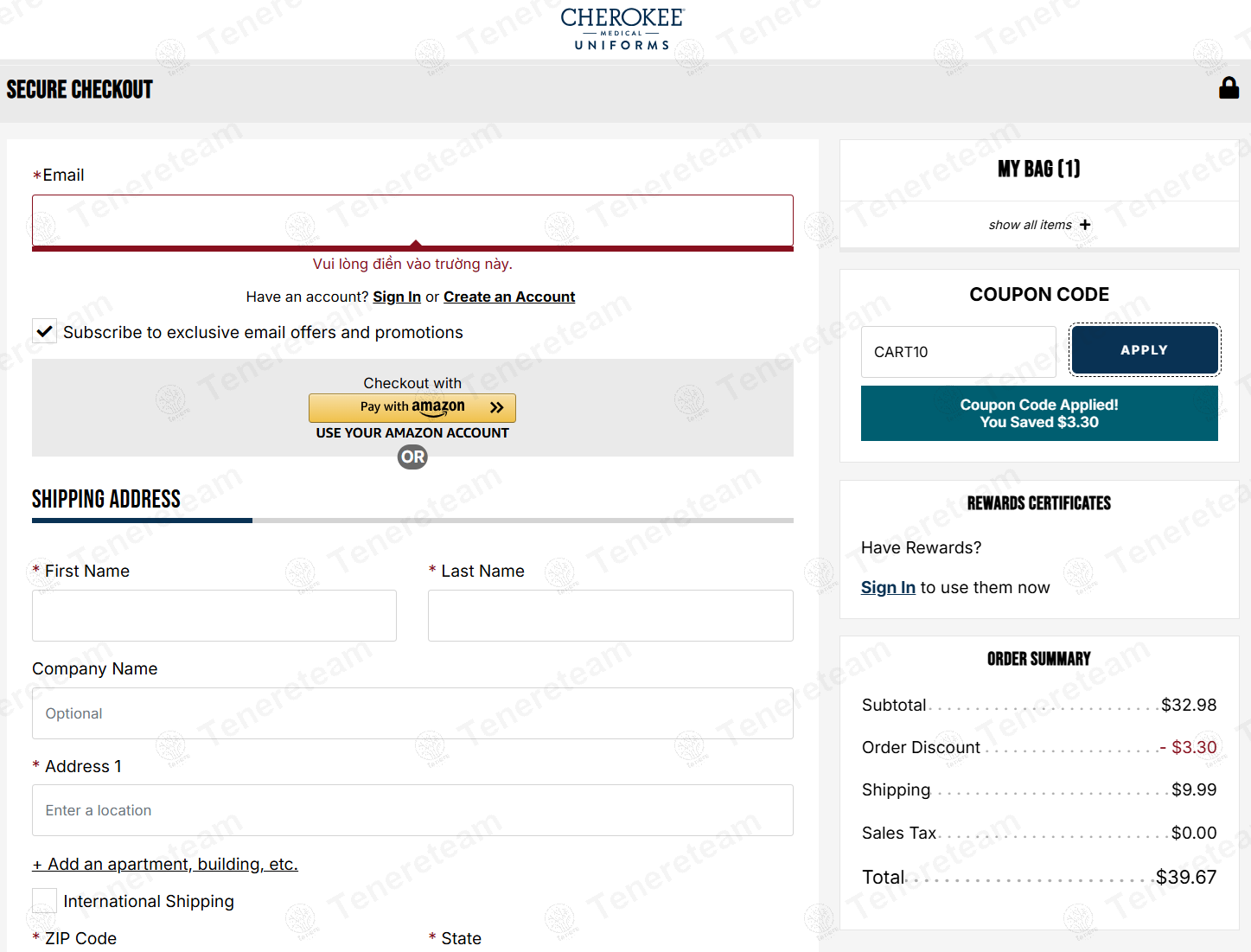 Cherokee Uniforms coupon code: 10% off with CART10. Tested and valid as 8 months ago.