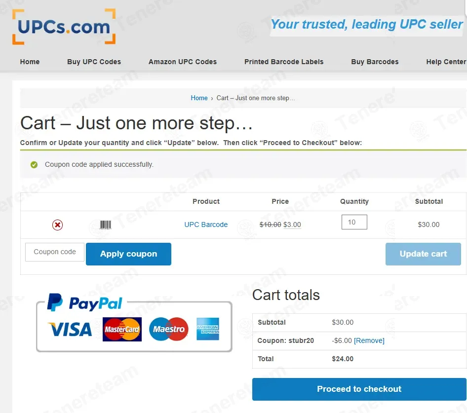 UPCs.com coupon code: 20% off with STUBR20. Tested and valid as 4 weeks ago.