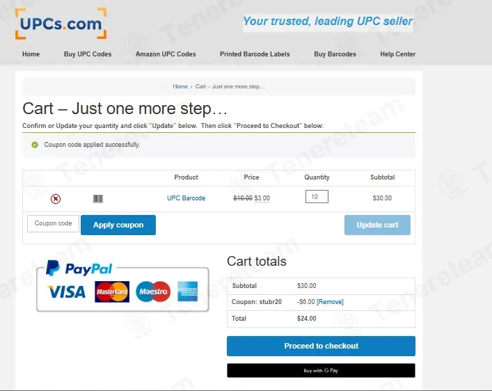 UPCs.com coupon code: 20% off with STUBR20. Tested and valid as 4 weeks ago.