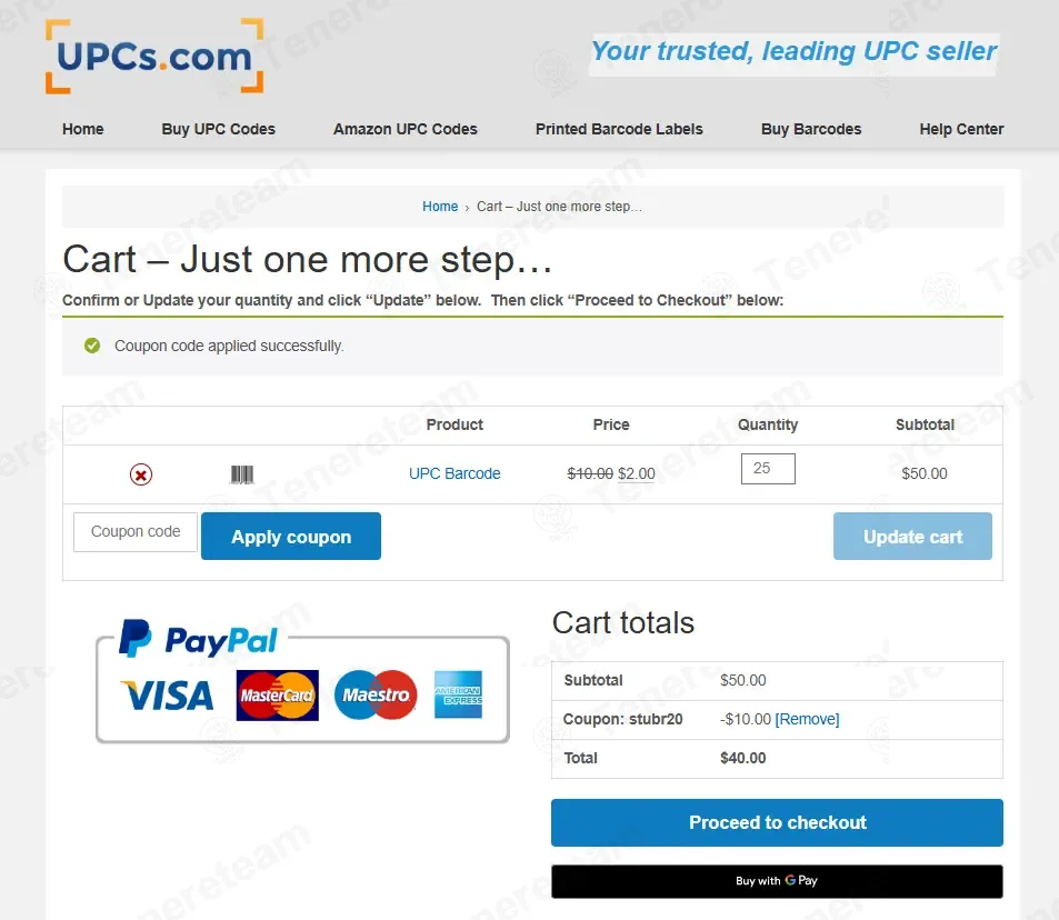 UPCs.com coupon code: 20% off with STUBR20. Tested and valid as 4 weeks ago.