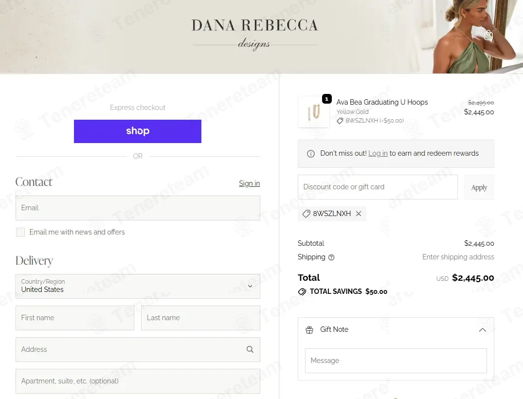 Dana Rebecca Designs coupon code: $50 off with 8WSZLNXH. Tested and valid as 4 weeks ago.