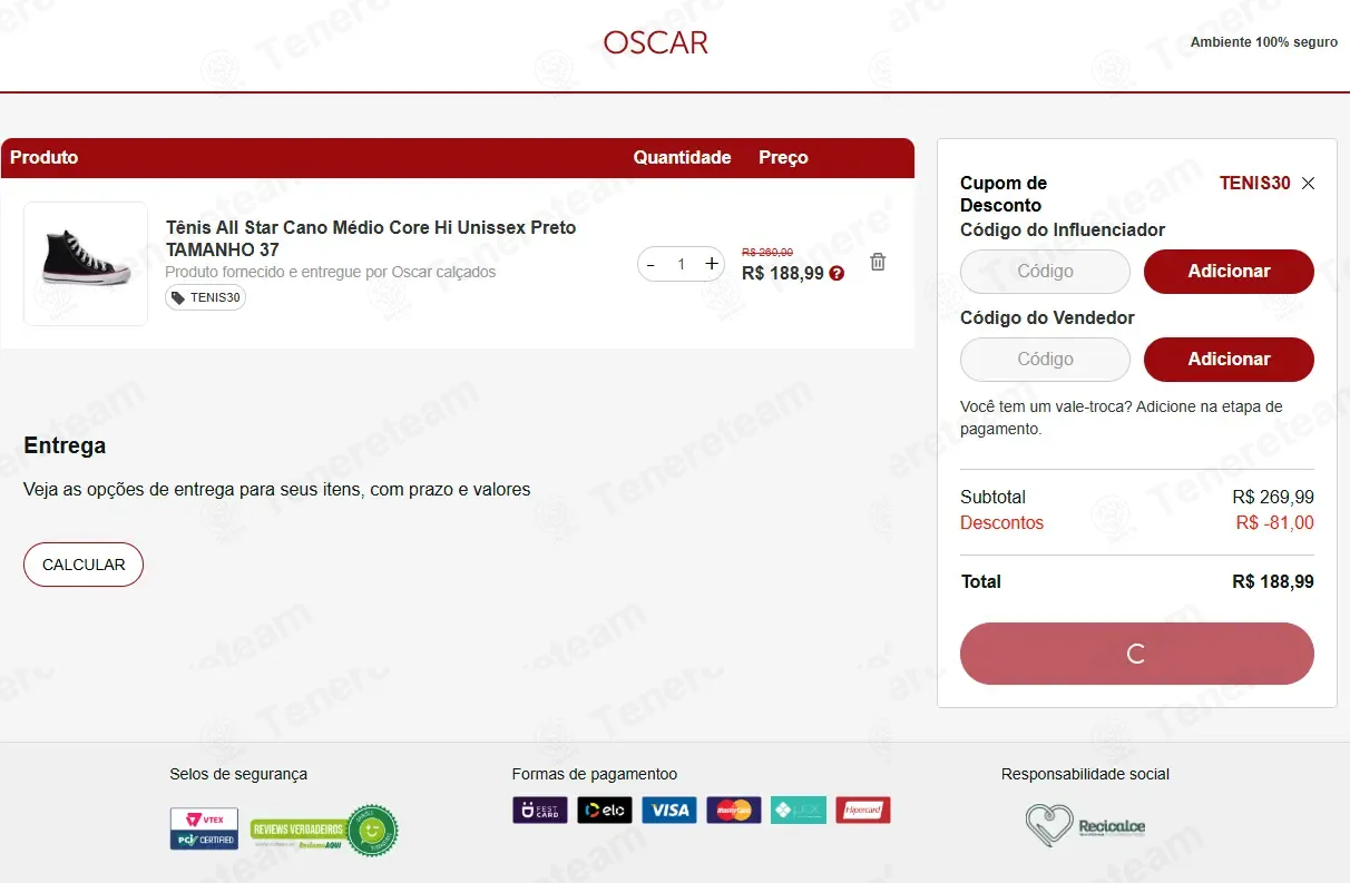 Oscar Calcados BR coupon code: 30% off with TENIS30. Tested and valid as 5 months ago.