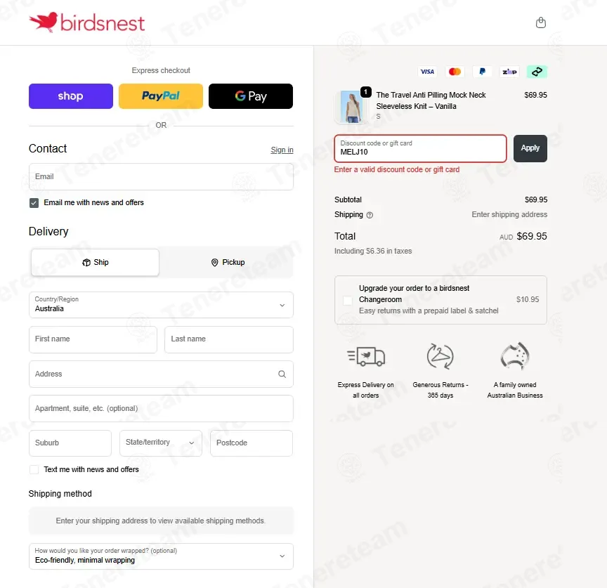 Birdsnest coupon code: $10 off with MELJ10. Tested and valid as 3 weeks ago.