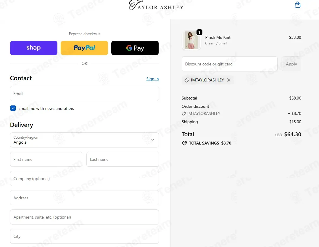 Taylor Ashley coupon code: 15% off with IMTAYLORASHLEY. Tested and valid as 4 weeks ago.