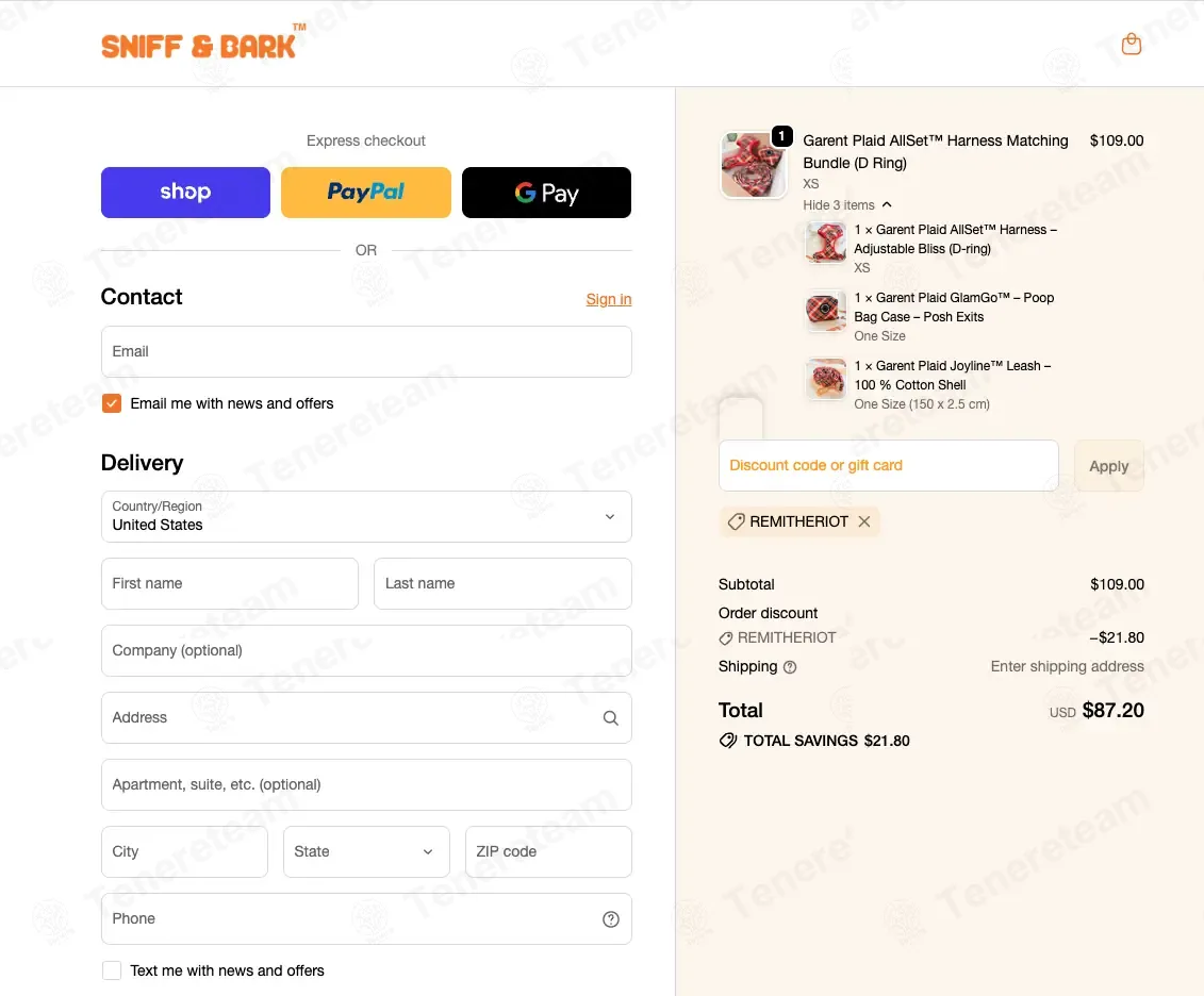 Sniff and Bark coupon code: 20% off with REMITHERIOT. Tested and valid as 3 weeks ago.