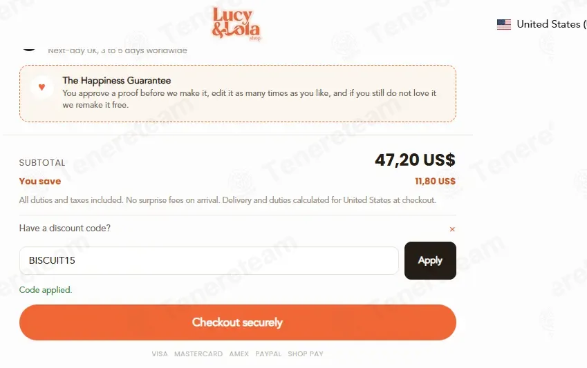 Lucy and Lola Shop coupon code: 25% off with BISCUIT15. Tested and valid as 2 weeks ago.
