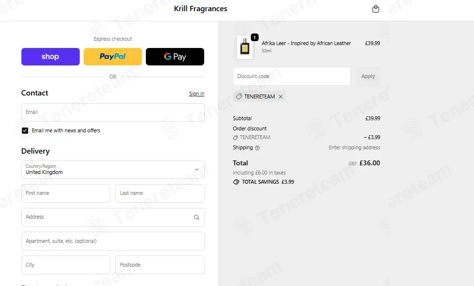 Krill Fragrances coupon code: 10% off with TENERETEAM. Tested and valid as 3 weeks ago.