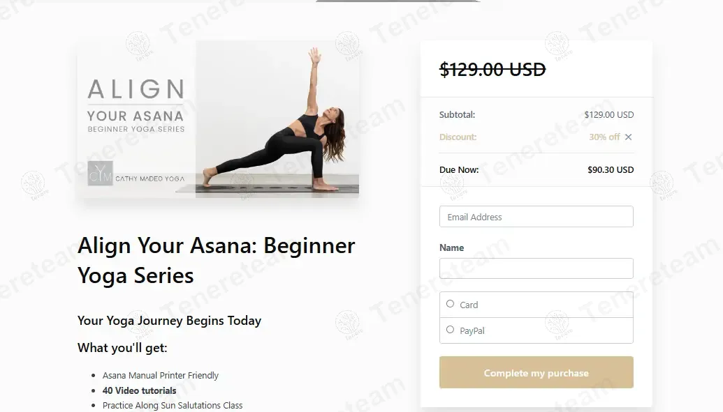 Cathy Madeo Yoga coupon code: 30% off with TENERE. Tested and valid as 1 year ago.