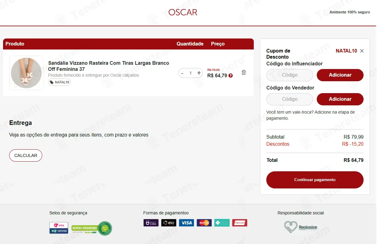 Oscar Calcados BR coupon code: 10% off with NATAL10. Tested and valid as 5 months ago.