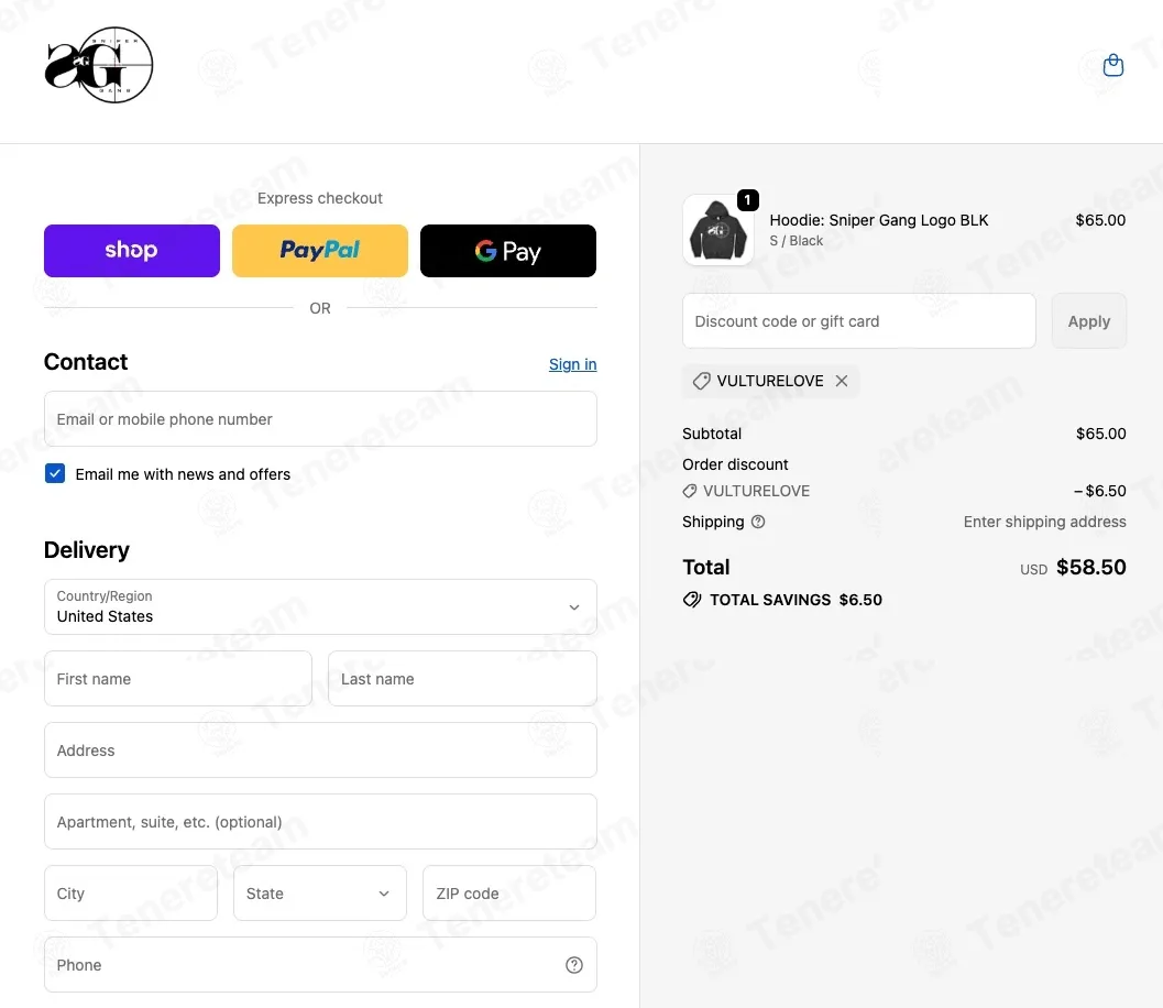 Sniper Gang Apparel coupon code: 10% off with VULTURELOVE. Tested and valid as 9 months ago.