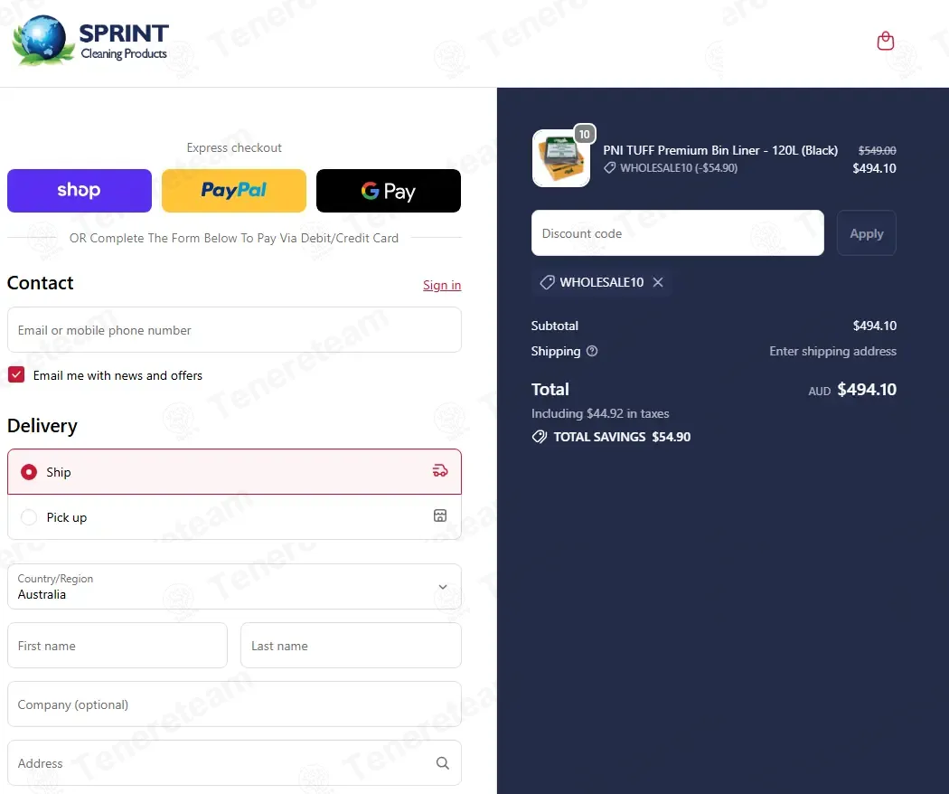 Sprint Cleaning Products coupon code: 10% off with WHOLESALE10. Tested and valid as 1 week ago.
