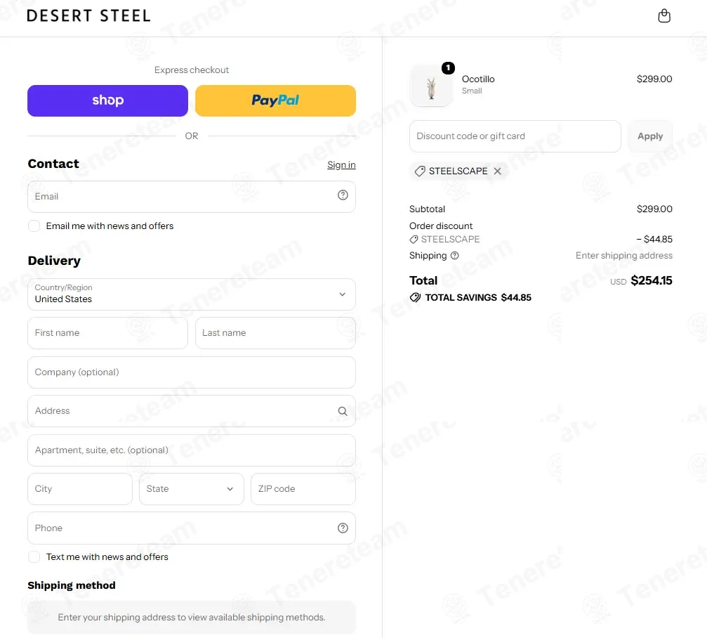 Desert Steel coupon code: 15% off with STEELSCAPE. Tested and valid as 3 weeks ago.