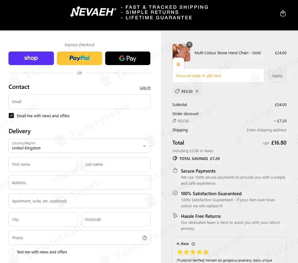 Nevaeh Jewellery coupon code: 30% off with REV30. Tested and valid as 7 months ago.