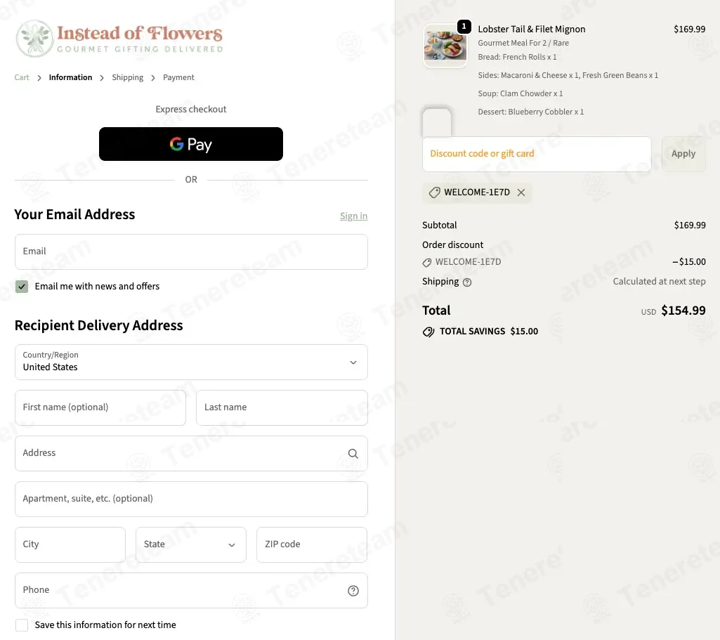 Instead Of Flowers coupon code: $15 off with WELCOME-1E7D. Tested and valid as 8 months ago.