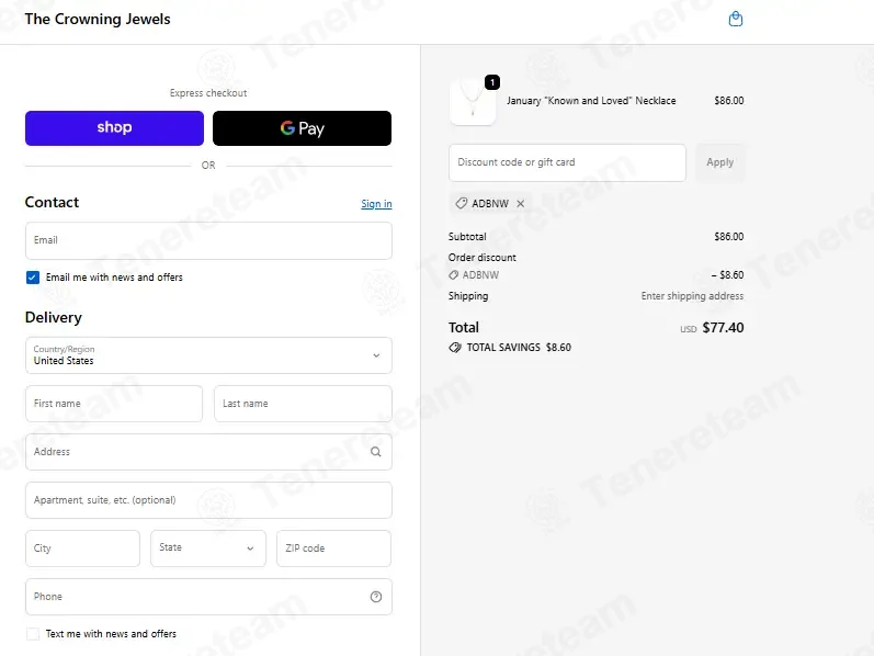 The Crowning Jewels coupon code: 10% off with ADBNW. Tested and valid as 4 months ago.