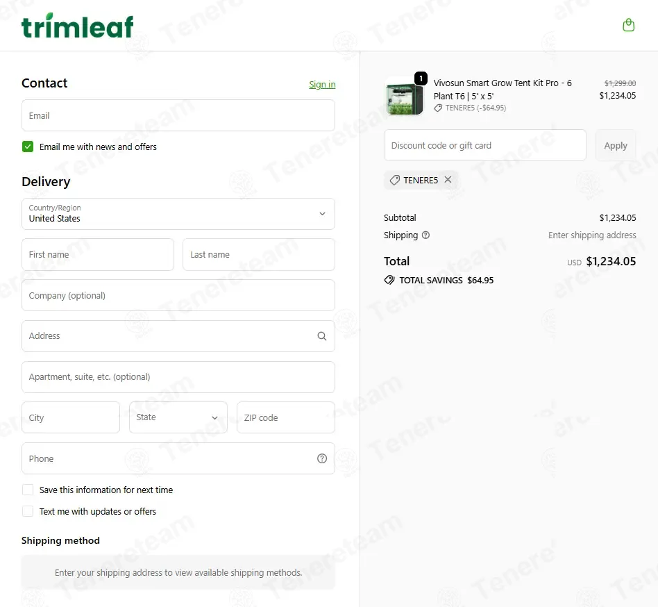 Trimleaf coupon code: 5% off with TENERE5. Tested and valid as 3 months ago.