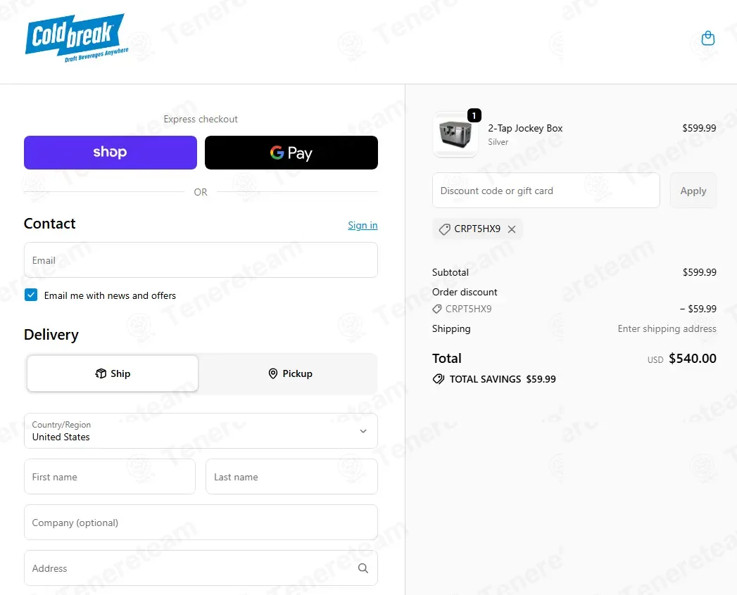Coldbreak USA coupon code re-checked and confirmed working at checkout