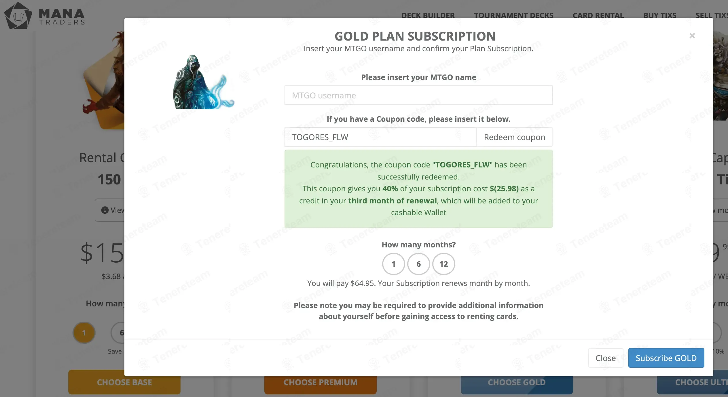 ManaTraders coupon code: 40% off with TOGORES_FLW. Tested and valid as 7 months ago.